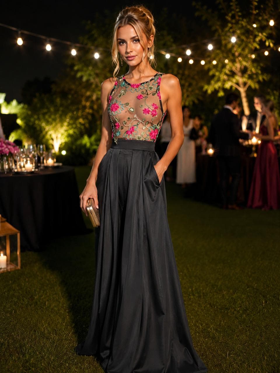 Conjunto formal negro con top bordado floral