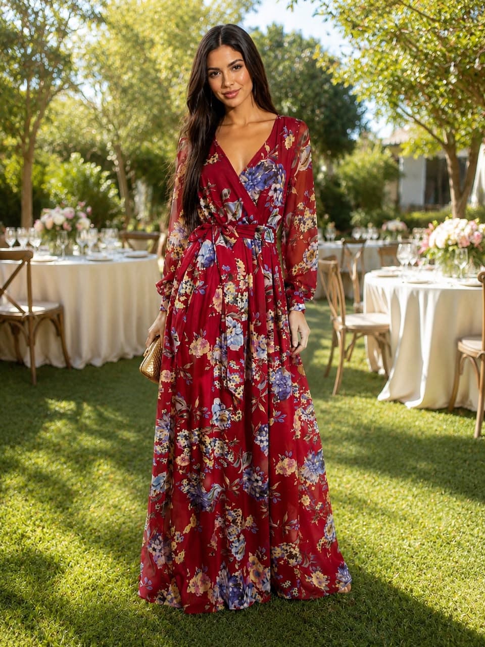 Vestido largo floral burdeos manga larga